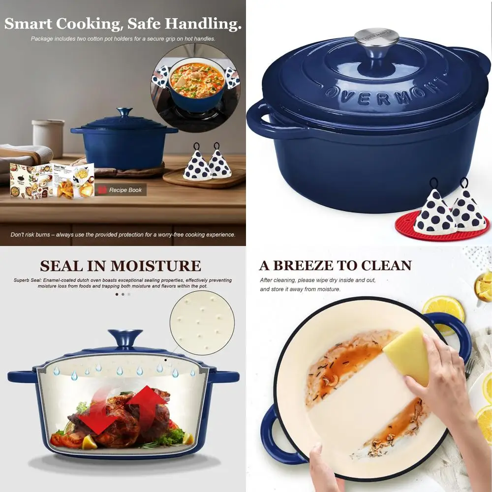 

Indigo Blue 5.5-Quart Enamel Cast Iron Dutch Oven with Lid and Cotton Potholders - Versatile Cookware for Braising, Stews, Roast