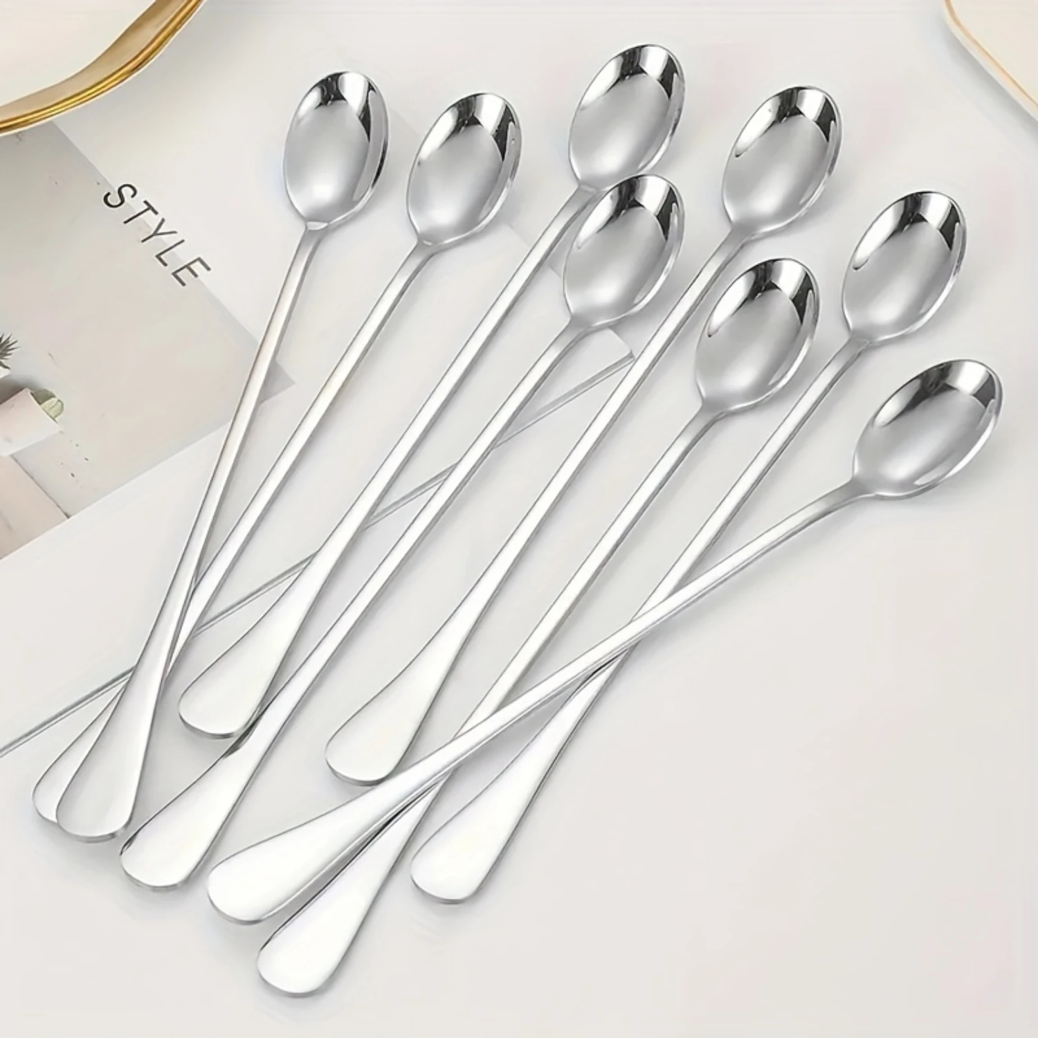 10pcs Stainless Steel Ice Cream Spoons - Long Handle Stirring Teaspoons for Coffee, Desserts - Dishwasher Safe Flatware Set