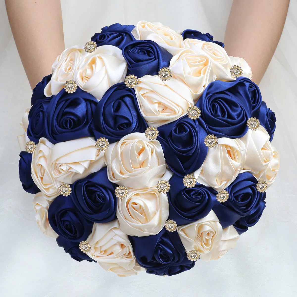 

Yannew Handmade Satin Rose Bridal Bouquet for Bride Blue Dusty Rose Golden Rhinestones on Toss Round Wedding Quinceanera Bouquet