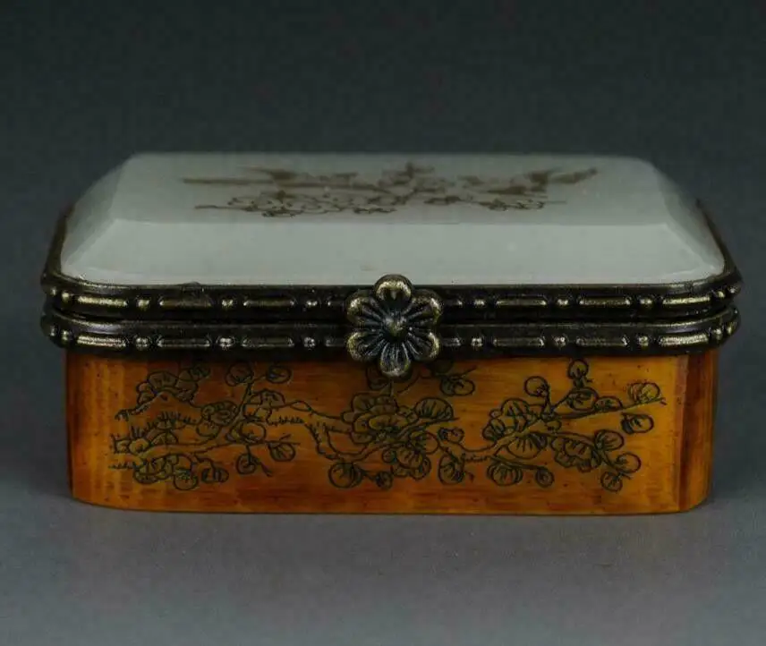 Old Chinese Bone Making Inlay Nephrite Jade Jewelry Box/Magpie&Plum flower