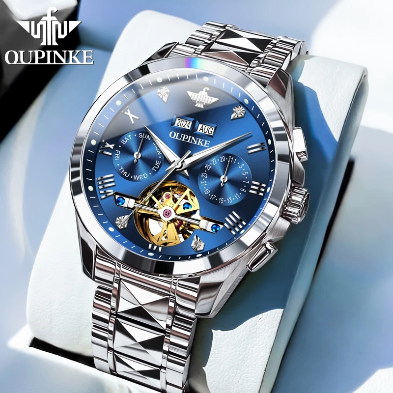 OUPINKE Men's Watch Luxury Skeleton Automatic Mechanical Man 50M Waterproof Super Luminous Hollow Day-Date Watches For Men 3186