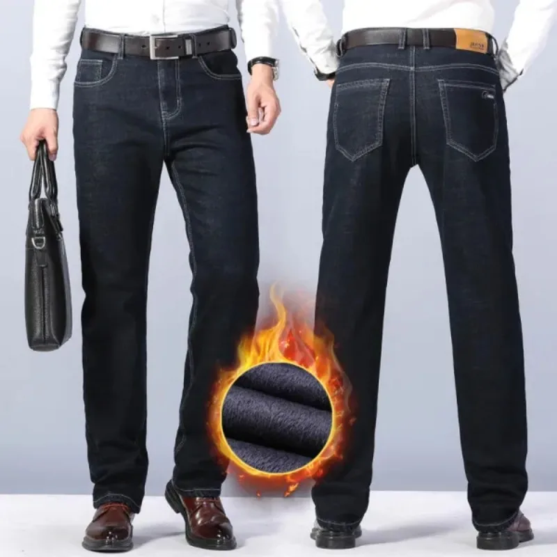 Winter Men's Business Casual Fleece Warm Jeans Straight Tube Loose Velvet Thick Denim Pants Fashionable Wool Plus Size Pants