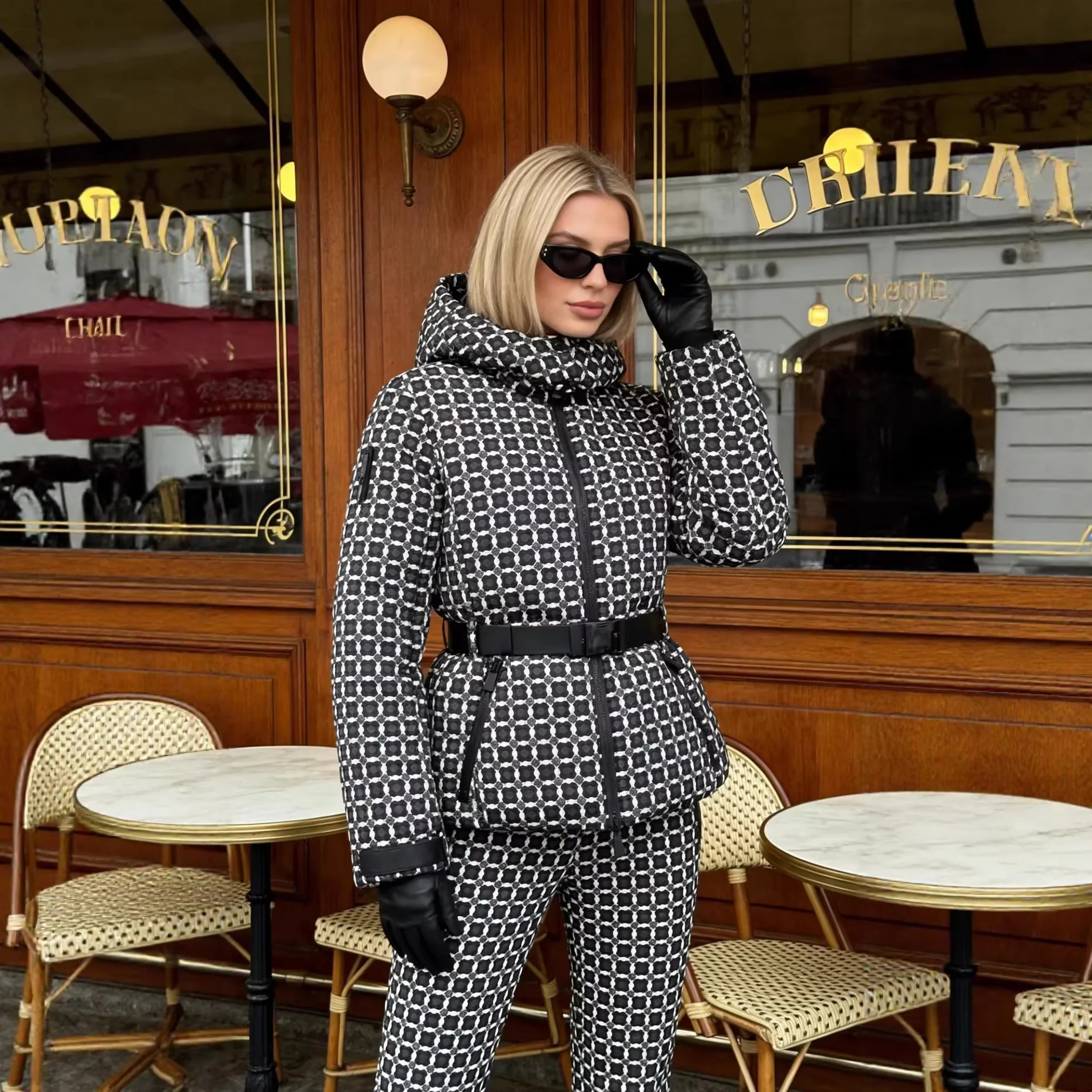 

Женская зимняя спортивная парка с капюшоном и подкладкой + женские уличные высококачественные ветрозащитные толстые теплые зимние брюки, зимние лыжные брюки из двух предметов