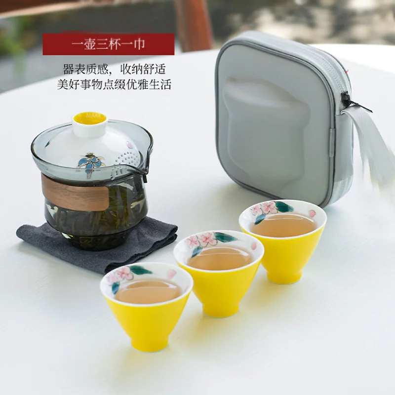 Quick Cup Travel Tea Set Portable Bag Outdoor Camping Car Tea Brewing Glass Lid Bowl Hand-painted One Pot Three Cups