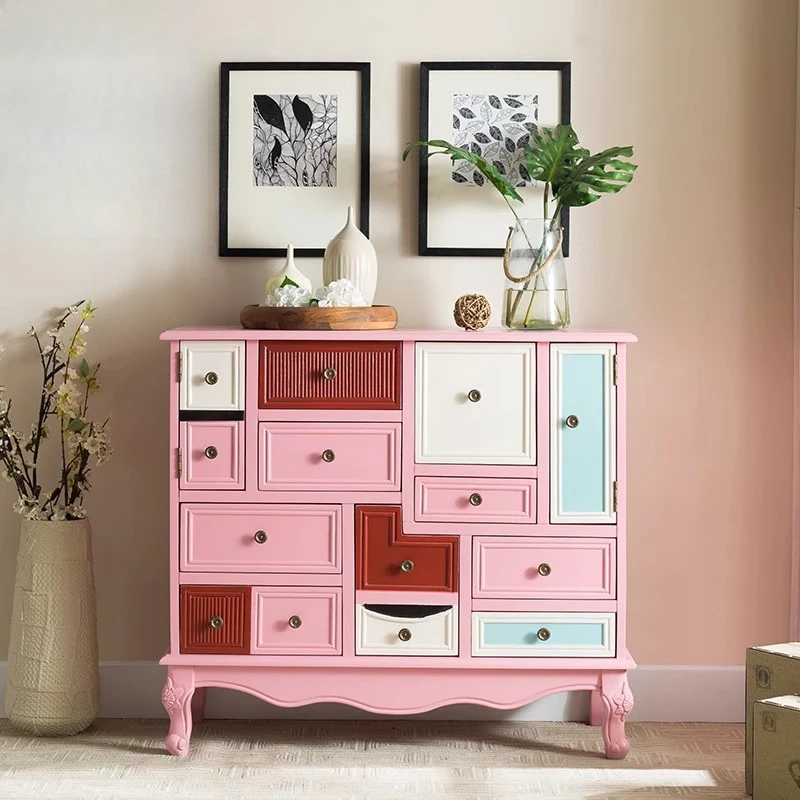 Simple American rural retro solid wood pink painted bucket locker entrance