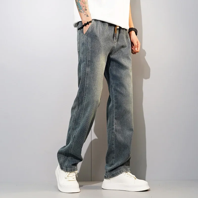 

Four Seasons 2025 New Fashion Men's Printed Loose Wide Leg Jeans Pants American Vintage Washed Retro Blue Denim Trousers Male