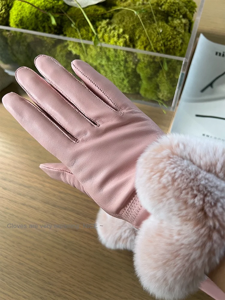 ZDFURS*Genuine Leather Gloves Women's Winter Fleece-Lined Thickened  Warm Soft Rex Rabbit Fur Sheepskin Gloves Hand Windproof