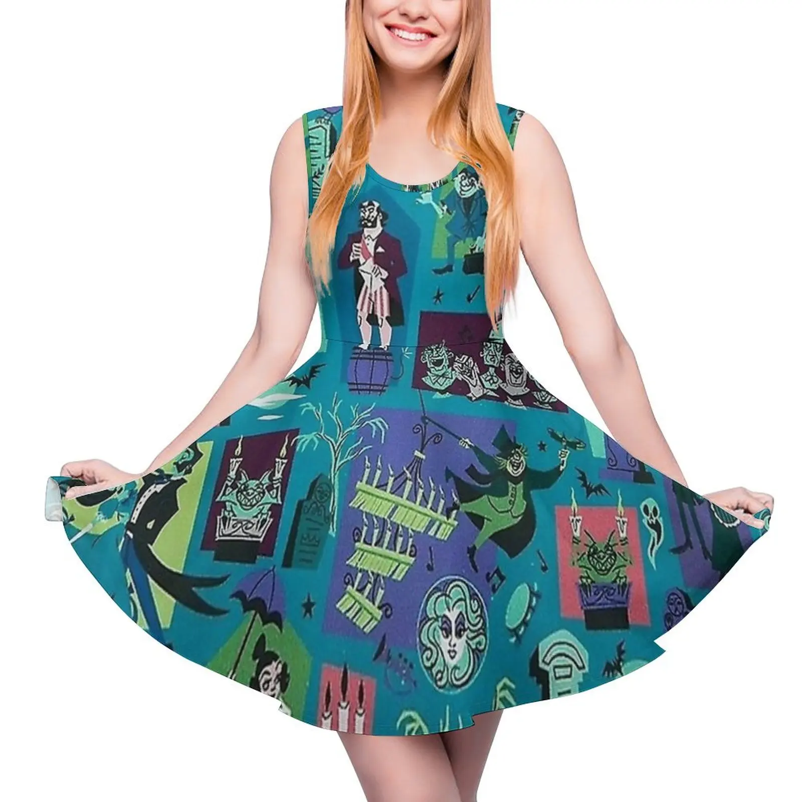 Magic Mansion Dress Halloween Vintage Dresses High Waist Casual Oversize Skate Dress Ladies Pattern Vestido