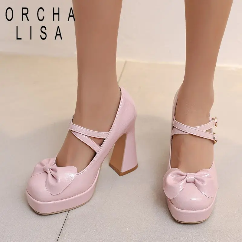 

ORCHALISA Hot Women Pumps Square Toe 10.5cm Block Heel 2.5cm Platform Buckle Strap Bowknot Large Size 43 44 45 Sexy Dating Shoe