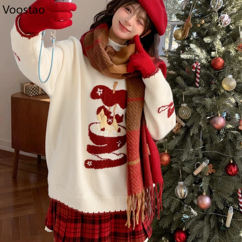 

Autumn Winter Kawaii Lolita Style Knitted Pullovers Girls Sweet O-Neck Cartoon Loose Sweaters Female Casual Y2k Knitwear Tops