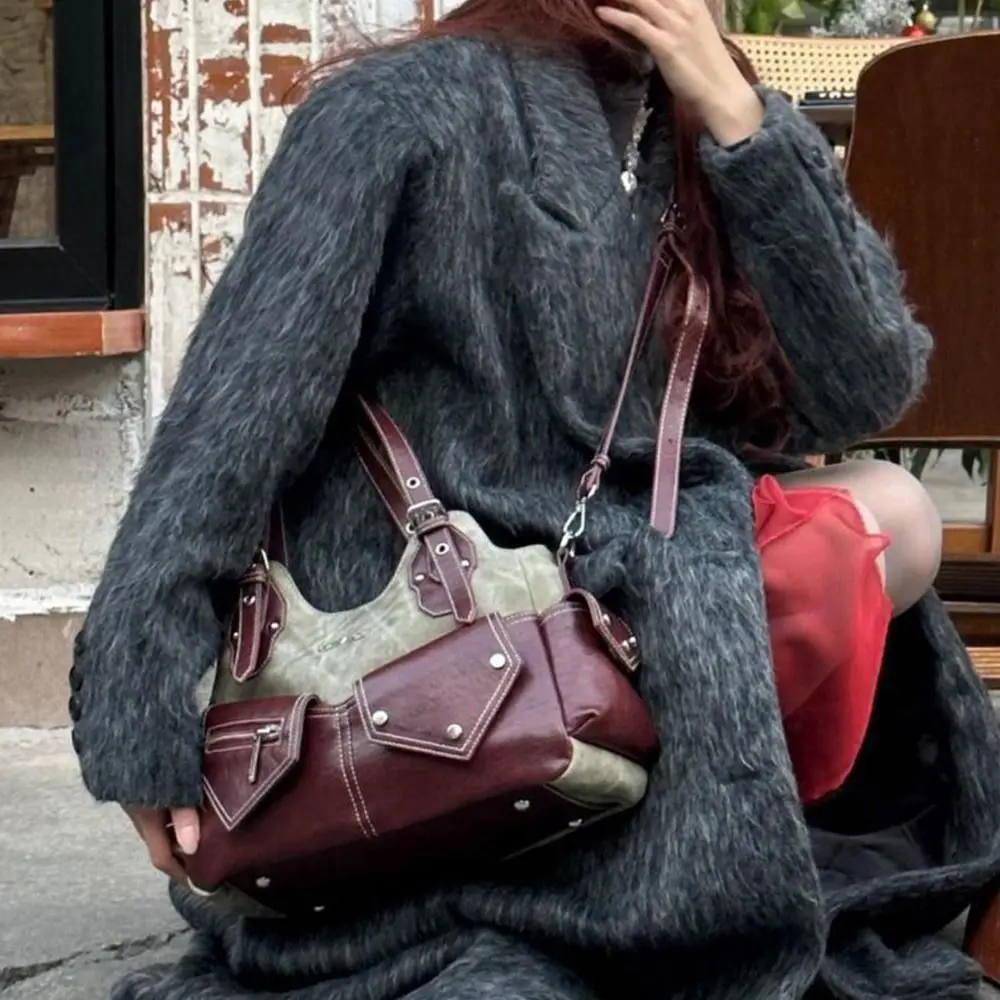 Women's Fashion PU Leather Shoulder Bag Large Capacity Multifunctional Cowboy Backpack Crossed Color Y2K Flat Bag Casual Outing