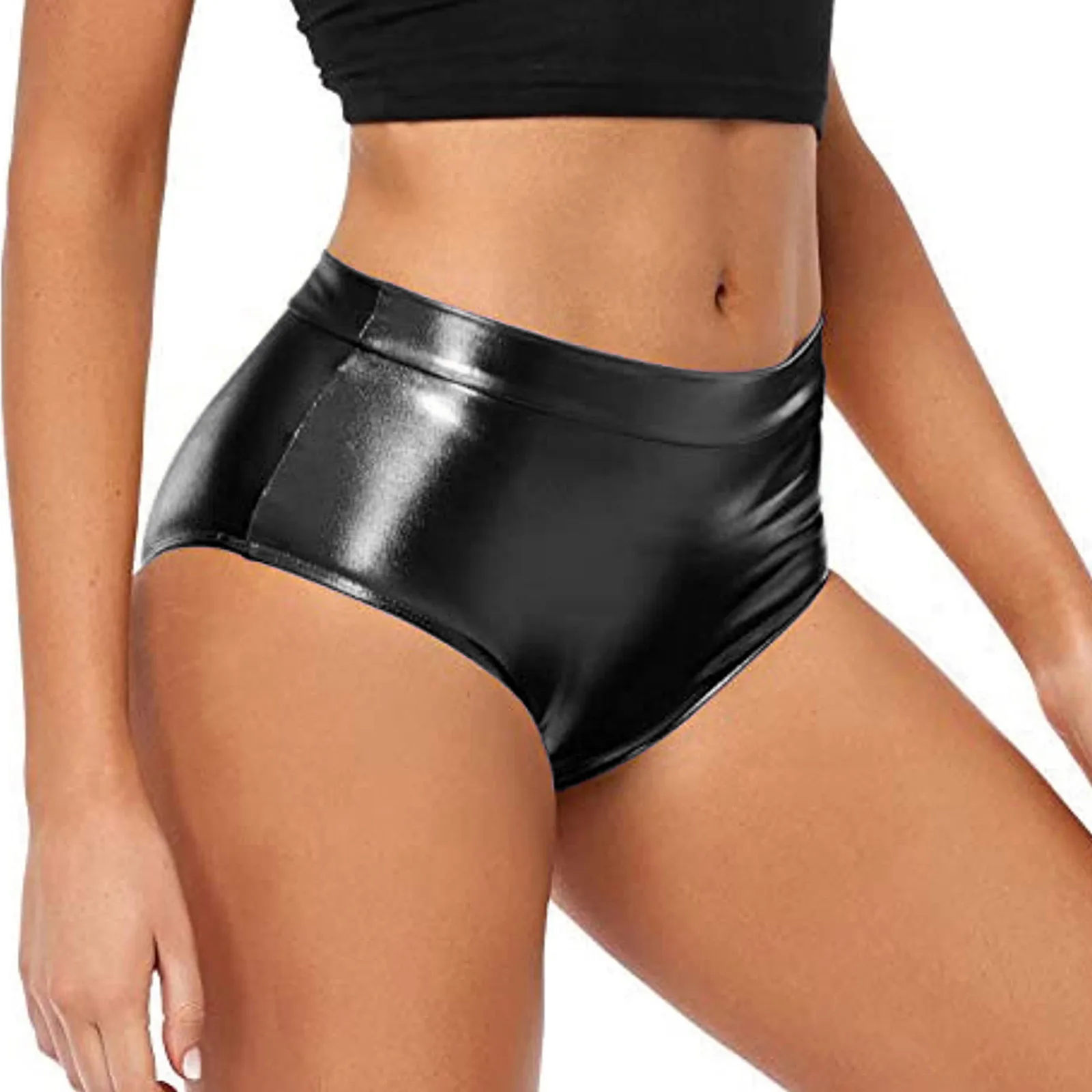 

Women's Faux PU Leather Bright Surface Shorts Summer Elastic High Waist Tigh Bottoms Carnival Dancing Clubwear Safe Shorts Pants