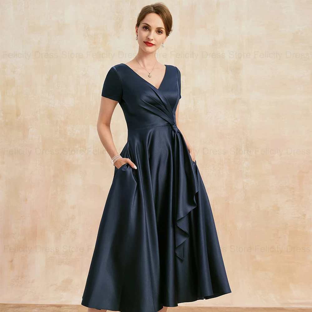 FELICITY Satin Elegant Mother of the Bride Dress 2024 A-line V-Neck Wedding Guest Dresses Pleated Tea-Length Party Evening Gowns