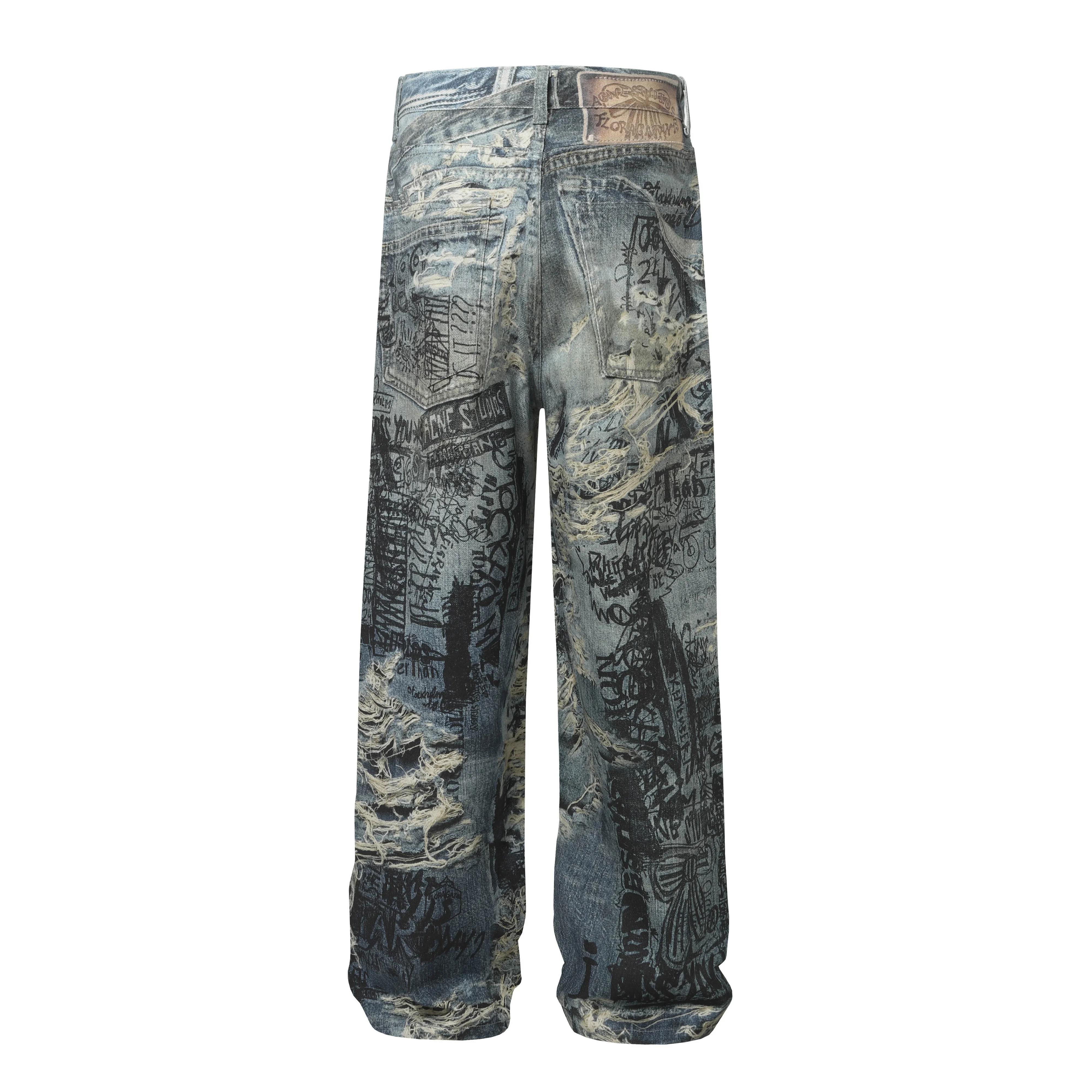 

New American Fashion Classic color ink line graffiti embroidered distressed denim pants