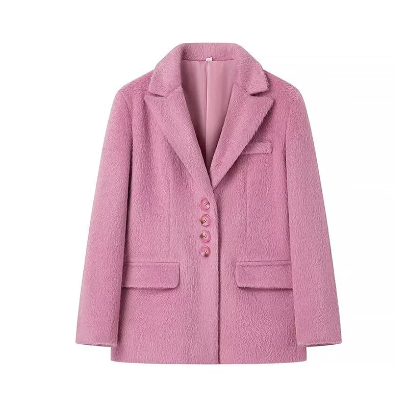 Women's Elegant Pink Lapel Pockets Woolen Blazer Coat Fashion Single-breasted Loose Long Sleeve Coats Lady Sweet Outerwear