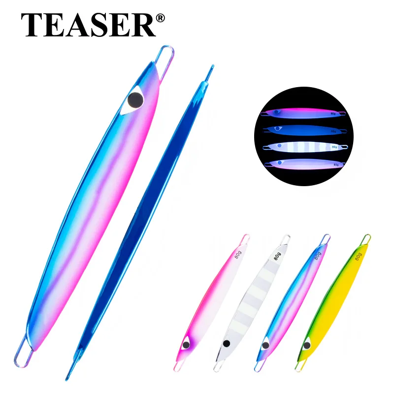 

TEASER J114 60g 80g 130g 150g Metal Jig Lure Flat Shape Saltwater Slow Sinking Trolling Lure UV Luminous Fishing Jigging Bait