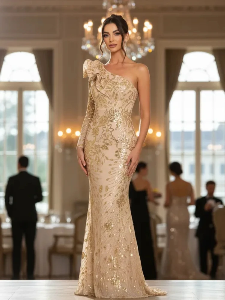 Robe de soirée élégante à paillettes dorées, asymétrique épaule dénudée, longueur au sol, manches longues, robe d'événement pour femmes