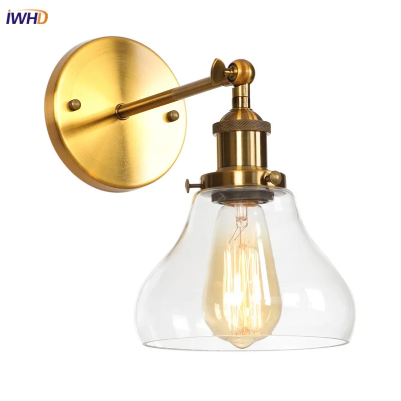 

IWHD Glass Gold LED Wall Light Sconces Restaurant Hotel Aisle Bathroom Iron Loft Retro Home Decor Bedroom Lamp applique murale