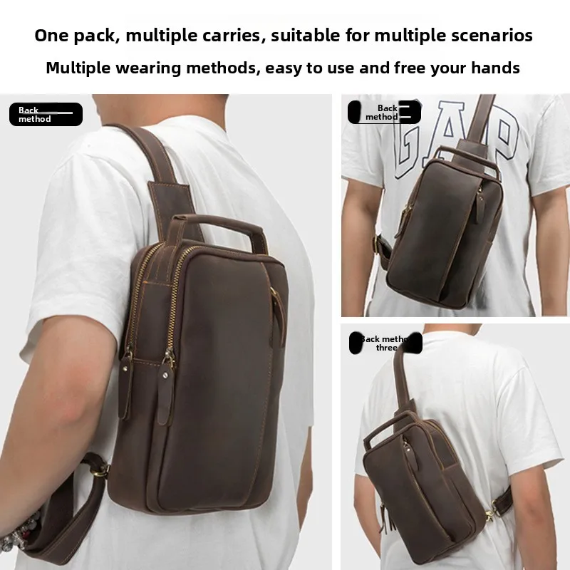 Men's cross body chest bag crazy horse leather retro real leather square large capacity portable backpack