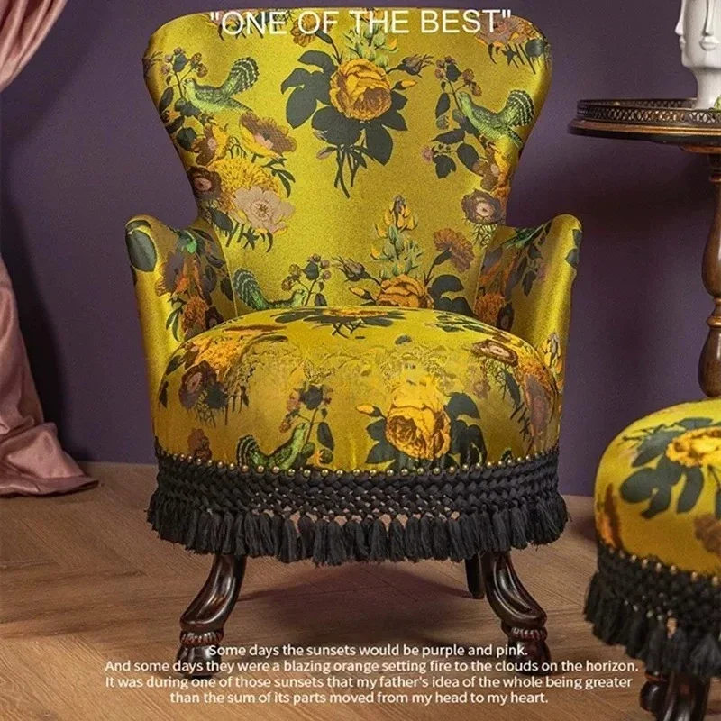 French fashion retro solid wood fringed single sofa Chinese style oil painting flower and bird jacquard photography chair