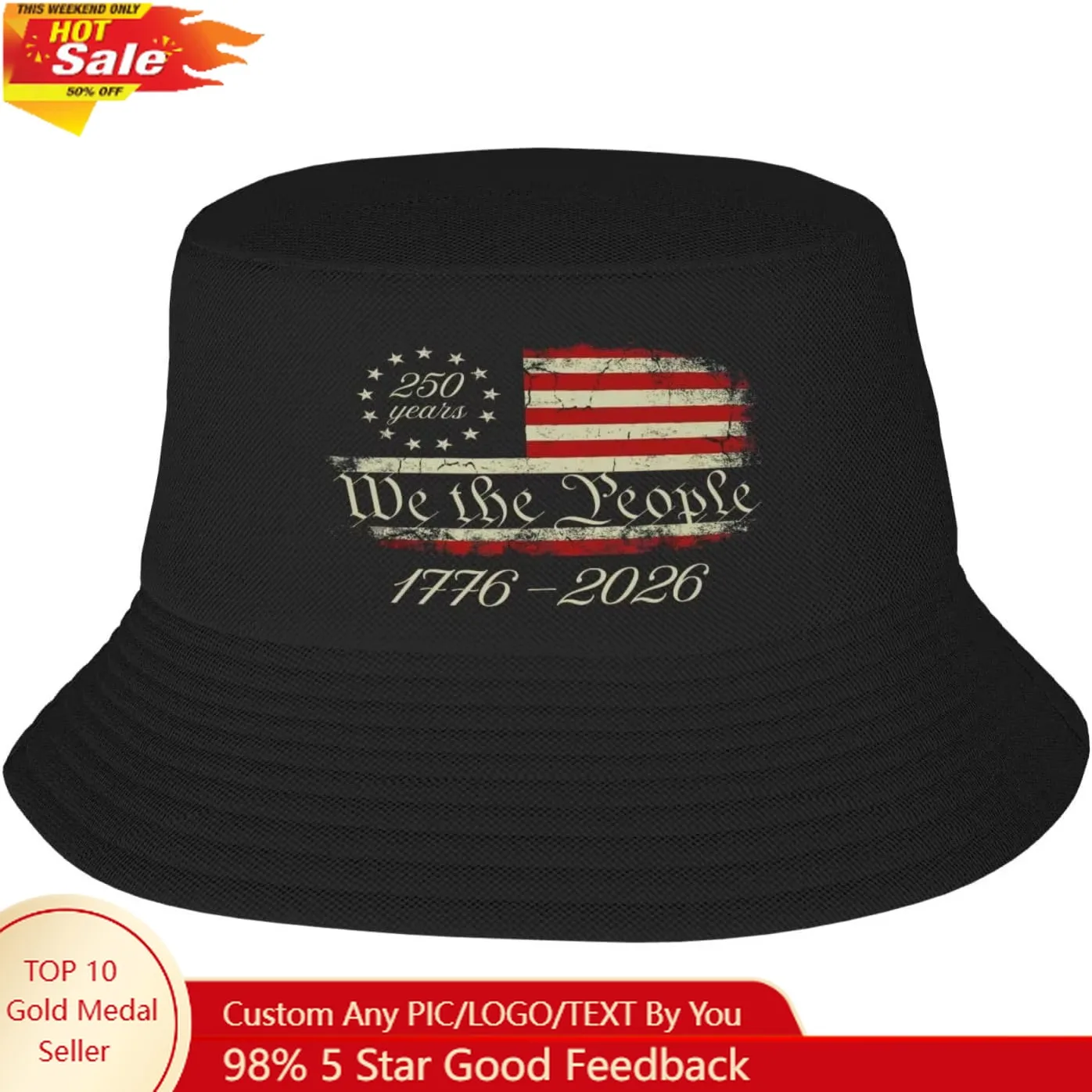 Topi Bucket US 250TH Anniversary Topi Nelayan Unisex Topi Matahari Hitam
