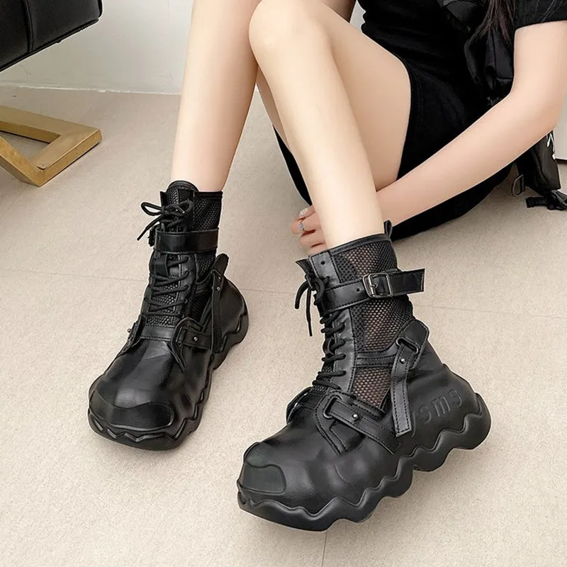 New Summer Women Thick Soled Mid-Calf Cool Boots Outdoors Lady Casual Hollow Shoes Female Breathable Mesh Boot White Botas Mujer view 4