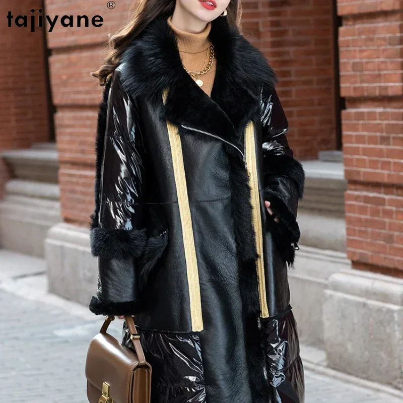 Tajiyane จริง Sheepskin ฤดูหนาวขนสัตว์ผู้หญิงหนังยาวเสื้ออบอุ่นลงแจ็คเก็ตสีดำ Trenchcoat Chaquetas Zm