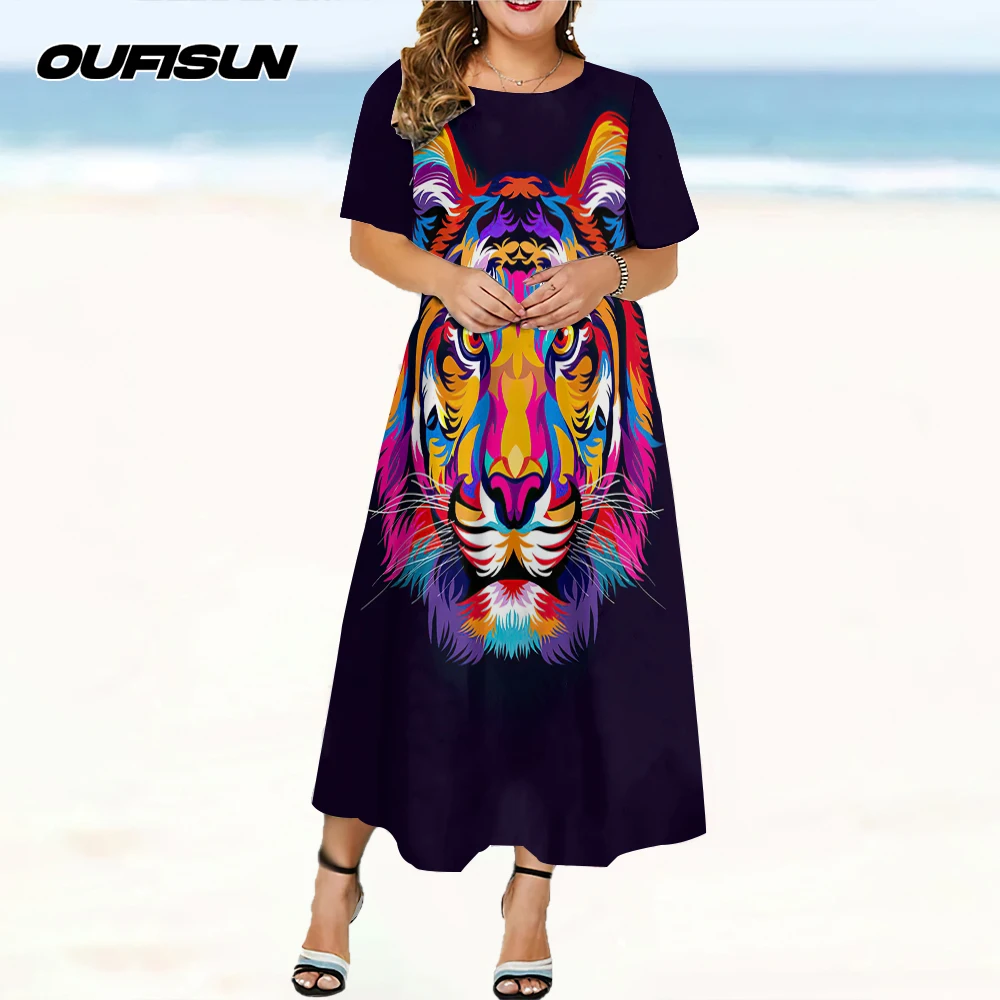 ฤดูร้อนผู้หญิงชุดยาวรอบคอชุด 2025 ผู้หญิงแขนสั้นใหม่สบายๆเสื้อผ้าสัตว์Tigerพิมพ์ผู้หญิงเสื้อผ้า