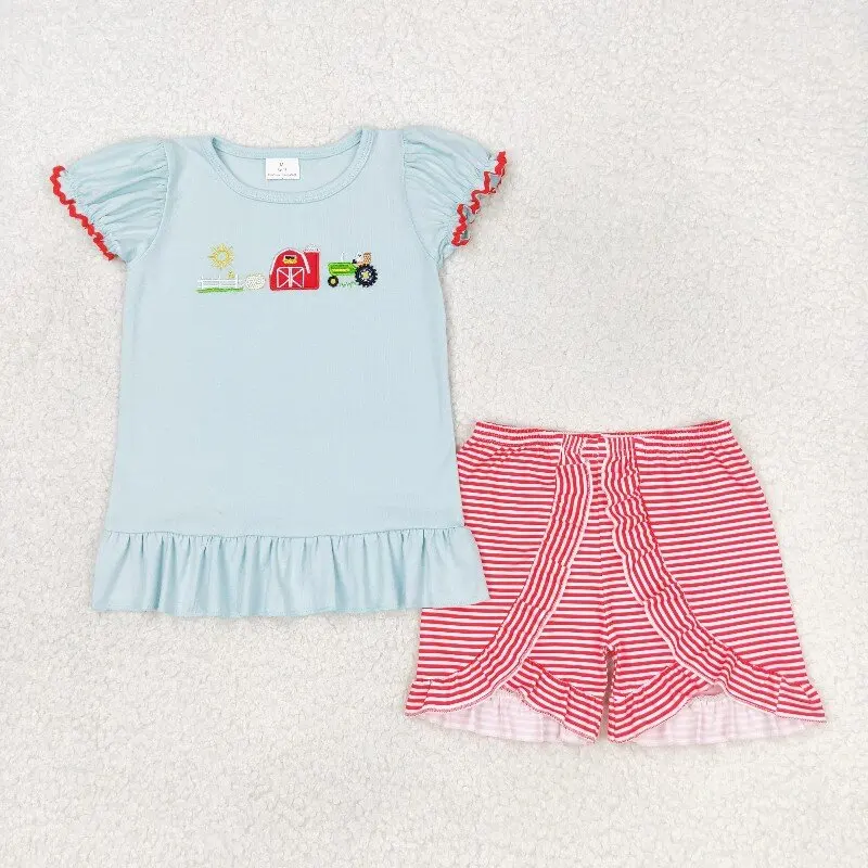 

New rts baby girl summer set wholesale boutique embroidery farm sun red house tractor short sleeve red shorts clothing GSSO0788