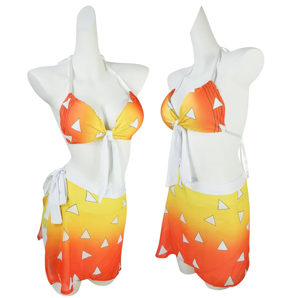 Anime Demon Kanroji Mitsuri Swimsuit Kochou Shinobu Cardigan Swimsuit Set Summer Bikini Beach Cosplay Costume Swimsuit