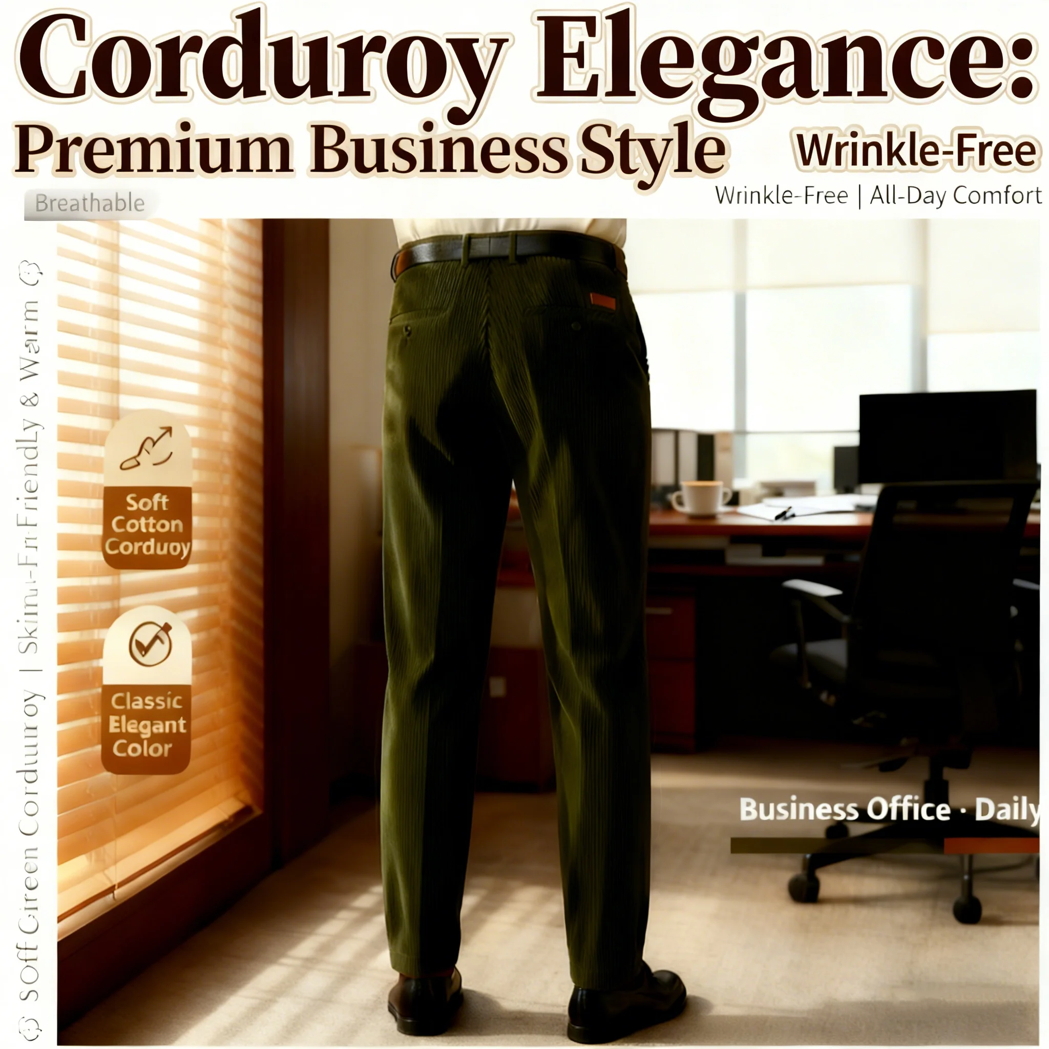 

Men's Premium Corduroy Business Pants Soft Cotton Office Trousers High Waist Straight Leg Comfortable Work Casual Wear 5 Colors