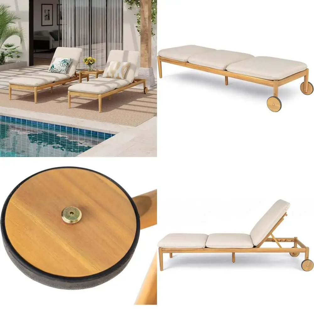 

Acacia Wood Outdoor Chaise Lounge Set, 2-Piece Patio Furniture with Wheels, Cushions, Adjustable Backrest, Light Teak and Beige