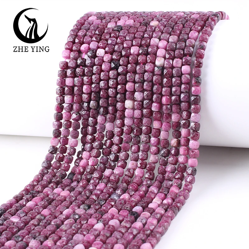 Zhe Ying 4*4mm Sqaure Ruby Stone Faceted Loose Natural Gemstone Beads for Jewelry Making Diy Accessories 15''