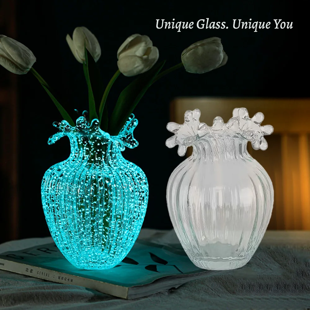 Glow-in-the-Dark Ripple Glass Vase | Handmade Hydroponic Floral Decor | INS Style Fluorescent Vase | Minimalist Home Ornament
