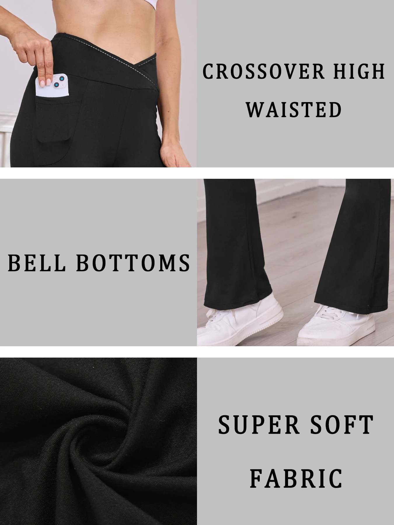 Legging feminina super macia crossover cintura alta com bolsos, calças de sino para ioga com controle de barriga