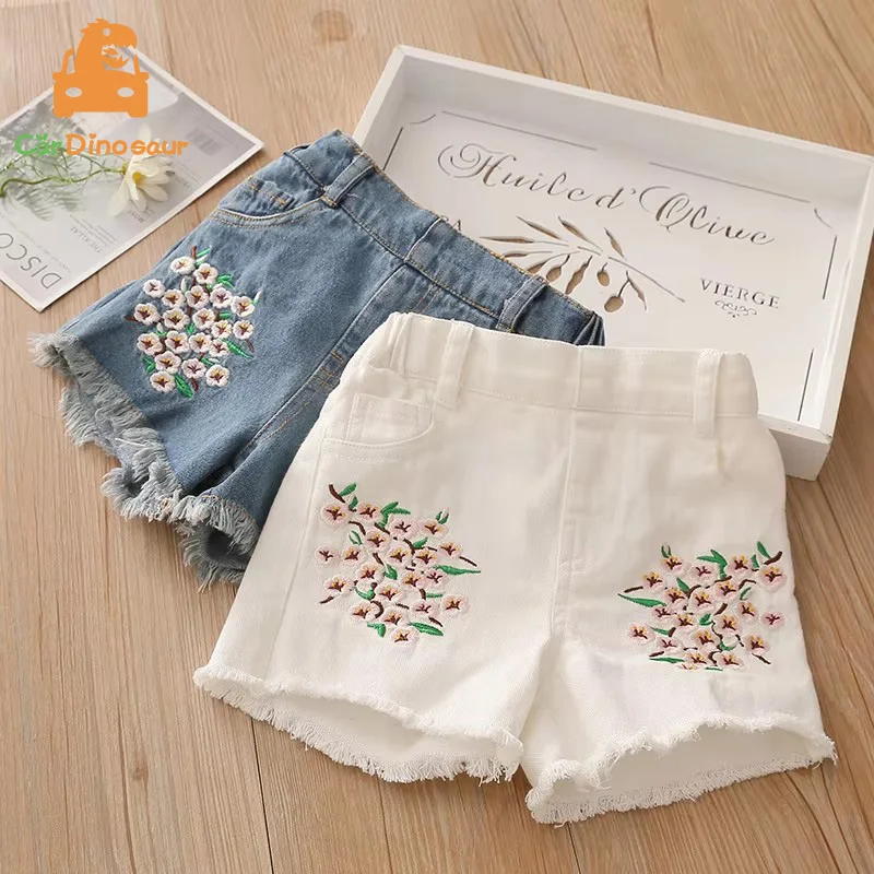 

2025 Summer New Fashion 3 4 6 8 10 Years Toddler Children Edge Elastic Waist Kids Baby Embroidery Floral Denim Shorts For Girls
