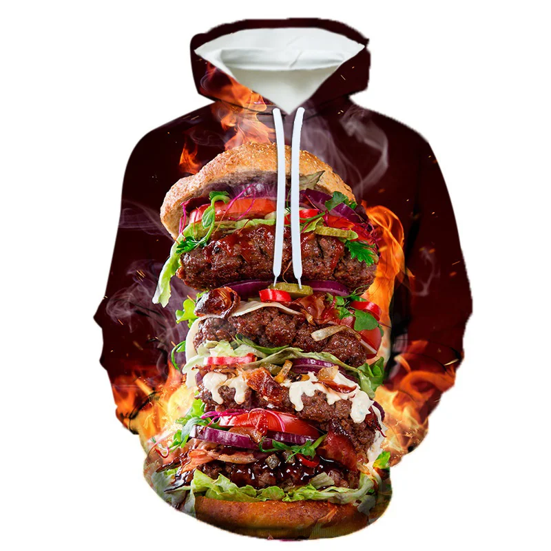 3D Print Burger Fruit Hoodies For Men Women Chocolate Dessert Pattern Pullovers Casual Hooded Long Sleeves Sweatshirts Loose Top