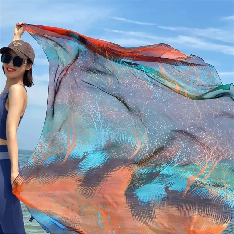 

190 см * 130 см, роскошный шелковый принт, элегантная тонкая дышащая шаль для женщин, большой размер, солнцезащитный крем, ветрозащитная повязка на голову, дорожное пляжное полотенце