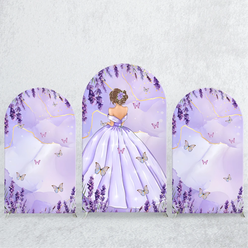 

TB Purple Girl Dress Arch Backdrop Princess Butterfly Elastic Fabric for Girls Birthday Party Photo Baby Shower Background Decor