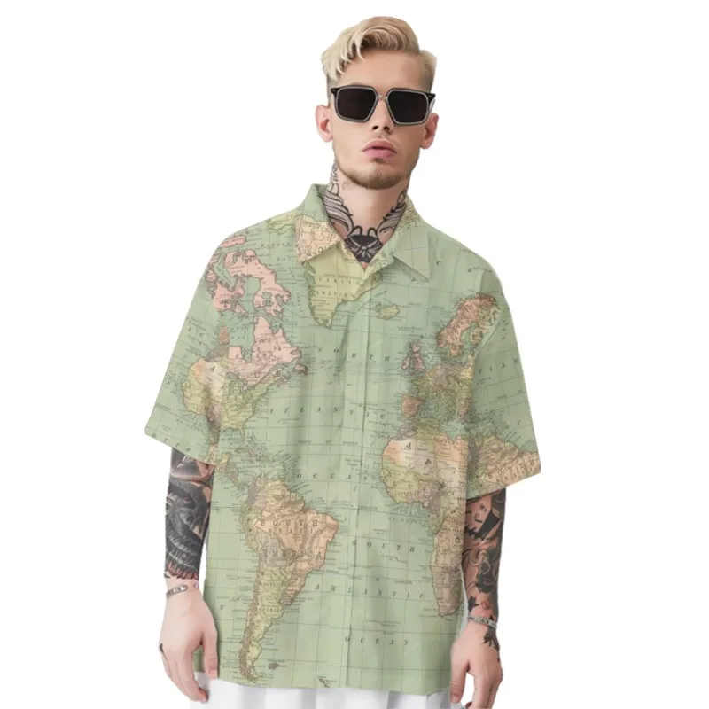 

Hawaiian Style World Map Print Shirt Men's Chest Pocket Shirt Casual Short Sleeve Daily Smart Business Shirt For Men