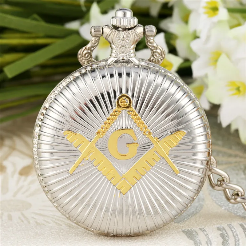 Vintage Silver Freemason Masonic G Full Hunter Quartz Pocket Watch for Men Women Arabic Numeral Pendant Chain Clock Reloj