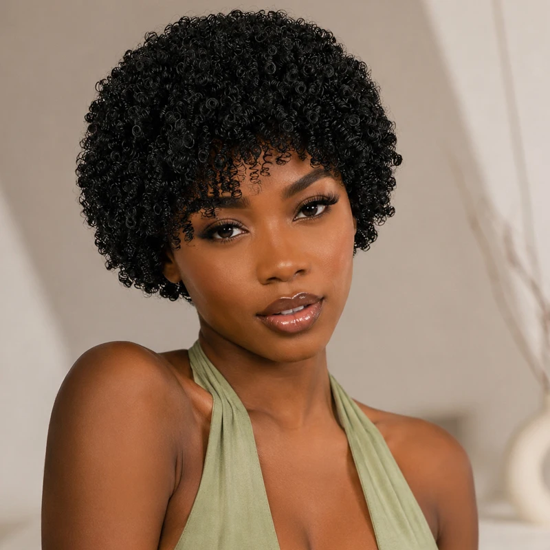 8-inch black voluminous spiral curl wig for women, suitable for everyday wear and parties.