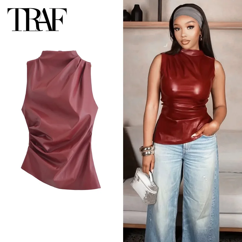 TRAF Sexy Women's Vest Tops 2025 Spring Elegant Party Tank&Camis Tops Ladies Fashion Casual Asymmetrical Sleeveless Red Tops