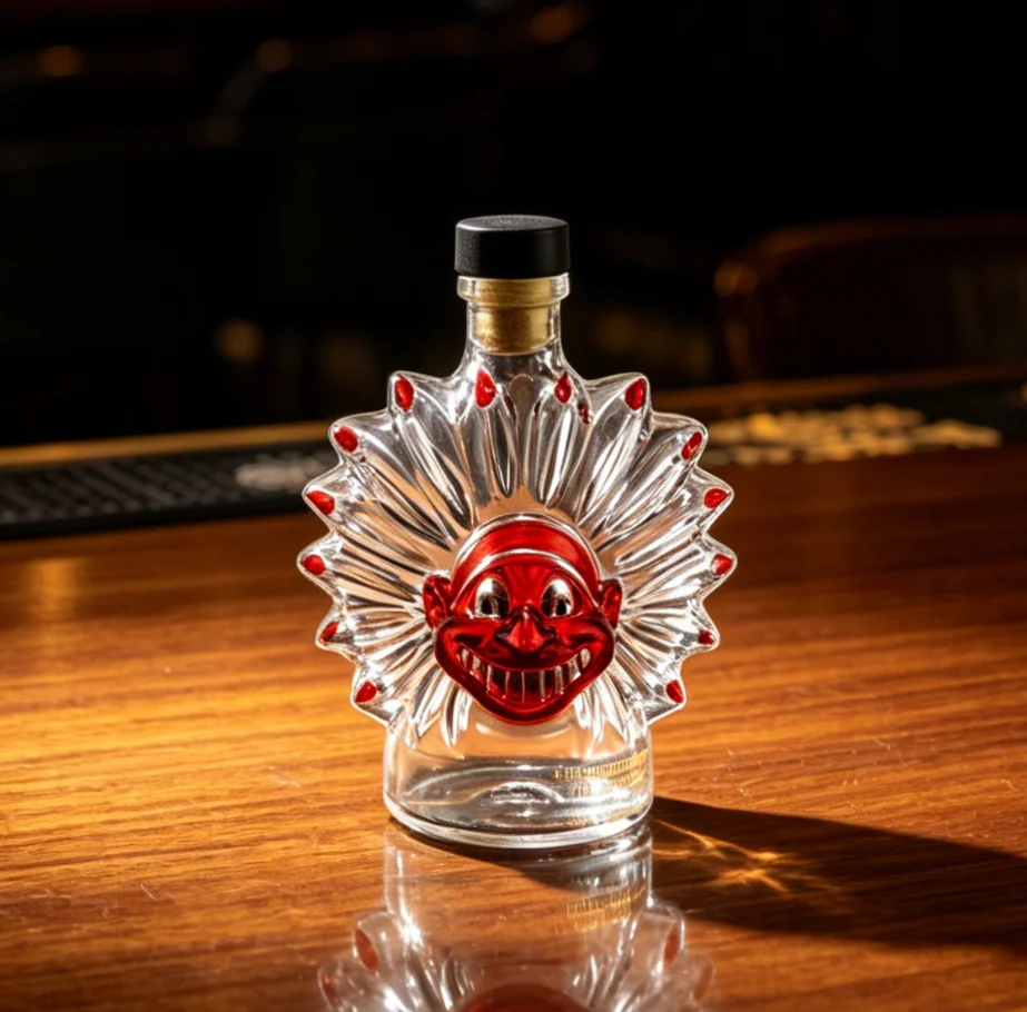 Radiant Flake Embossed Glass Spirit Bottle with Airtight Red Lid Clear Vessel for Whiskey Wine Brandy Bourbon - Desktop Decor
