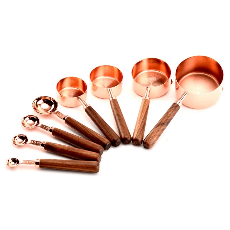 Kitchen Copper Plated Measuring Spoons Measuring Cups Set of 4 Measuring Spoons Set of 4 Wooden Handle Seasoning Spoons