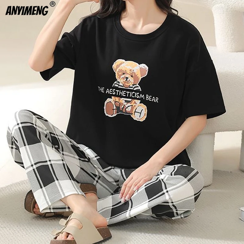 Plus Size M-5XL Leisure Sleepwear Korean Pijamas for Girl Summer Cotton Women Pajamas Set Women\'s Pajama Short Sleeves Nightwear