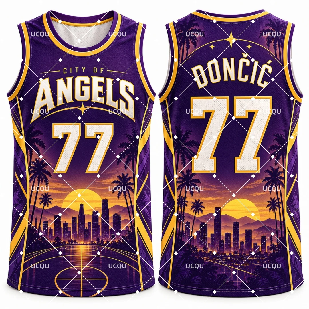 Men City of Angels Dončić #77 Basketball Jersey Sunset Palm Skyline Print Sleeveless Mesh Tank Top Sports Fan Kids Uniform