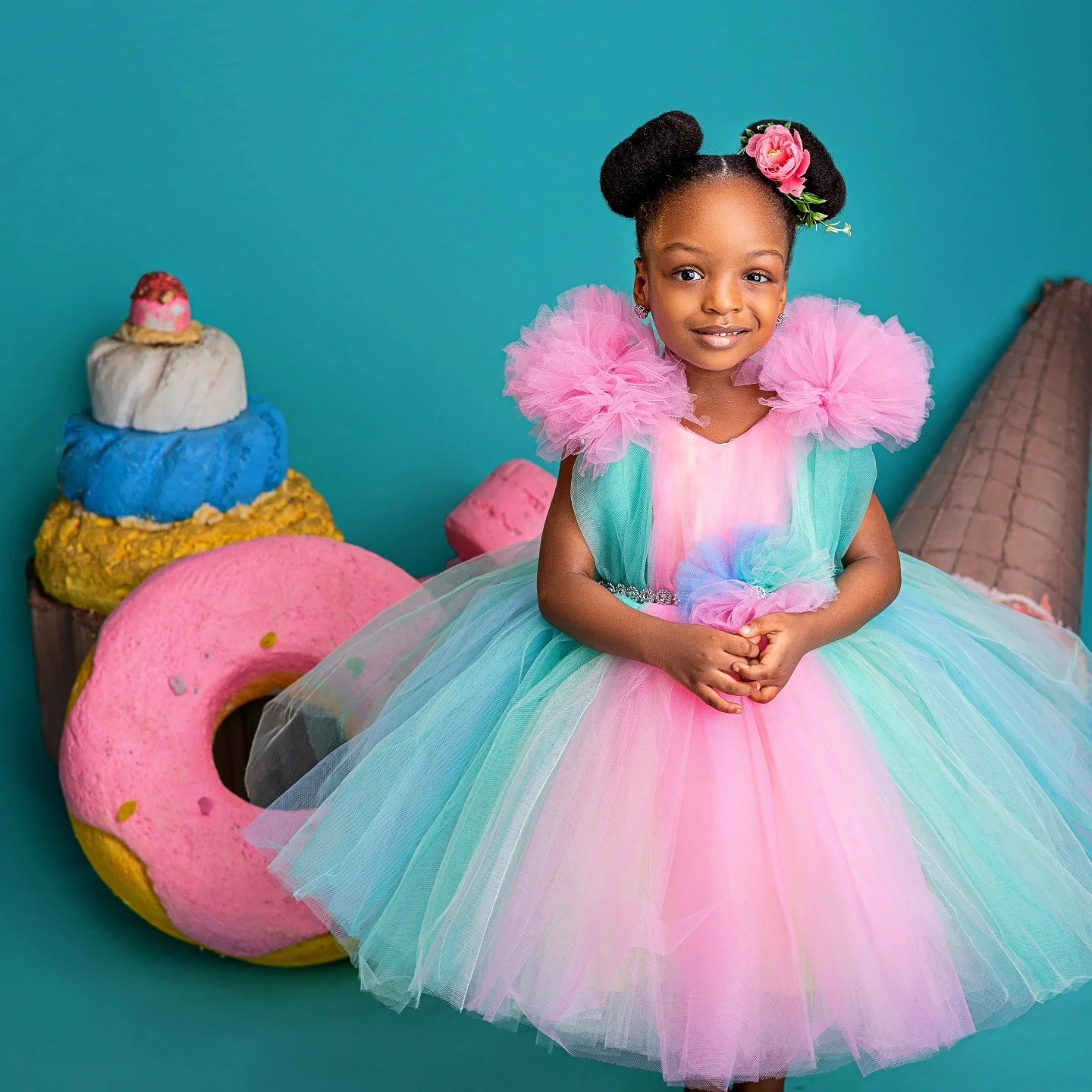 فساتين عيد ميلاد للفتيات من قوس قزح من التول مخصصة، فستان فتاة الزهور المطرز لحفلات الزفاف لالتقاط الصور