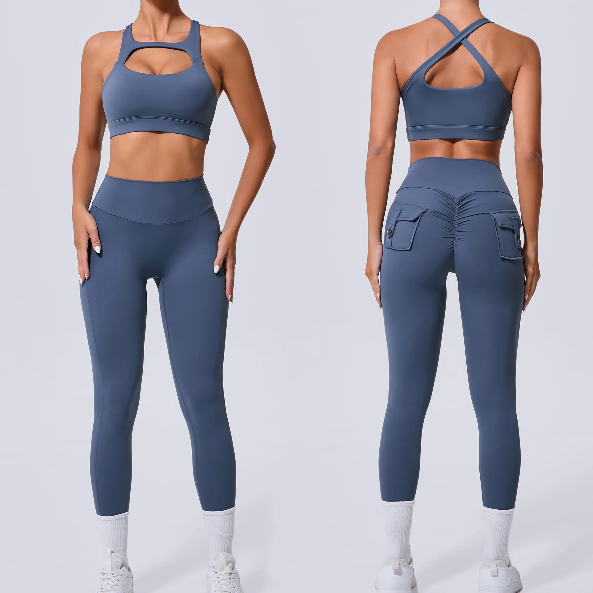 2PCS Sports Bra Women's Set Sexy Fitness Tank Top Bra Shockproof Running Leggings With Pockets Yoga Suit Backless Bra Clothing