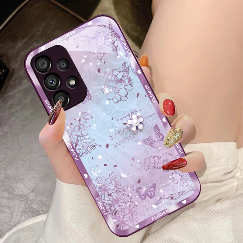 Crystal Flower Pink For Samsung Galaxy S10 4G S20 11E 30 S21 21Fe 22 S24 Pro S23 Ultra 5G S8 S9 Tempered Glass Phone Case